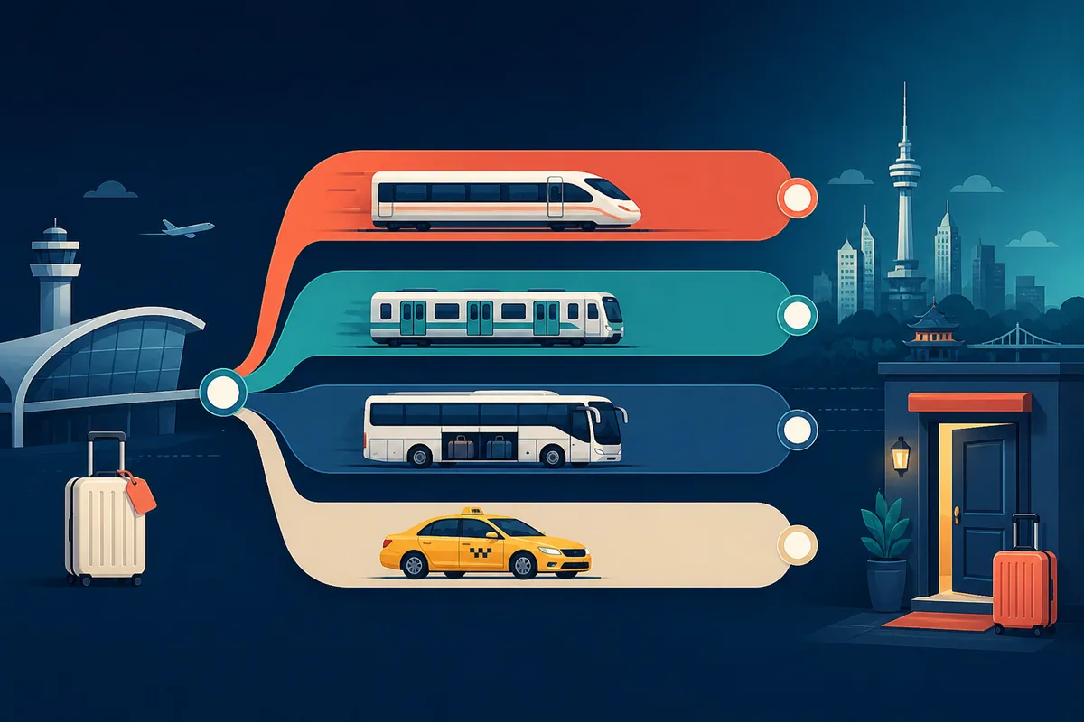 Illustration of express rail, all-stop rail, airport bus and taxi routes connecting Incheon Airport with a Seoul hotel