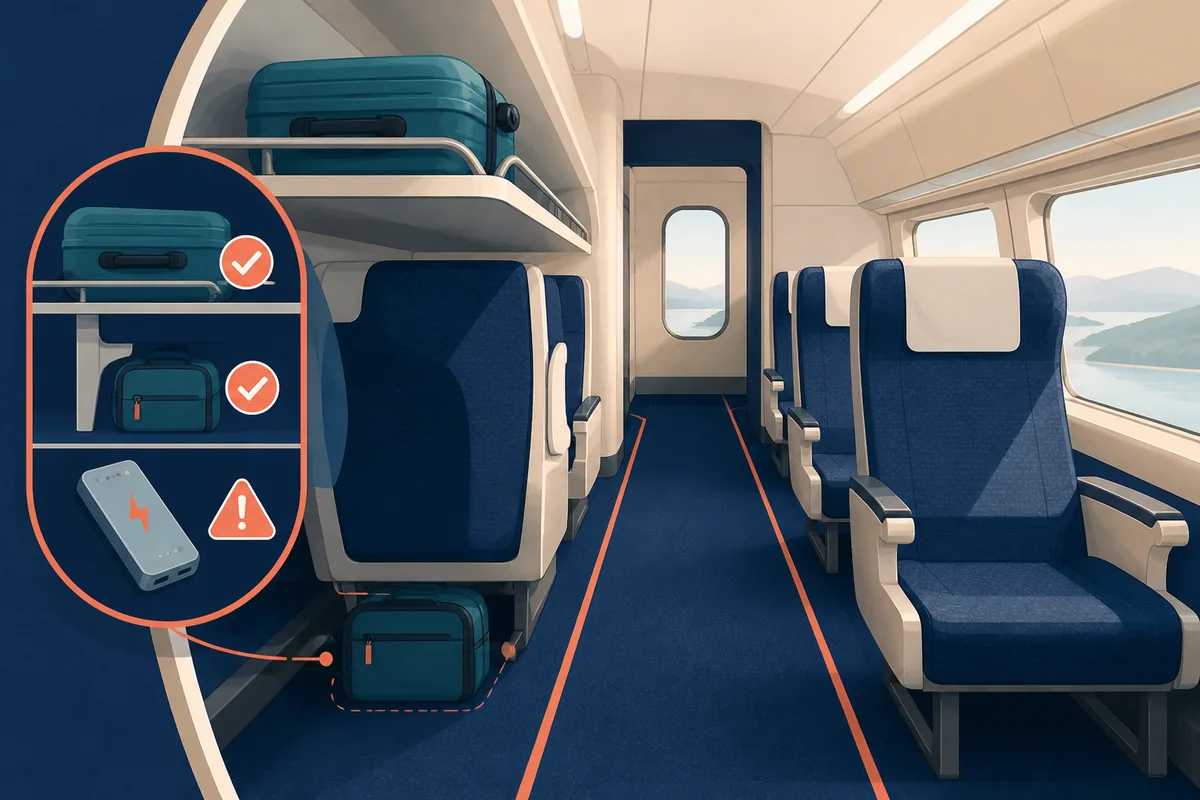 Illustration of a suitcase secured on a train luggage rack, a small bag under a seat, and a clear passenger aisle