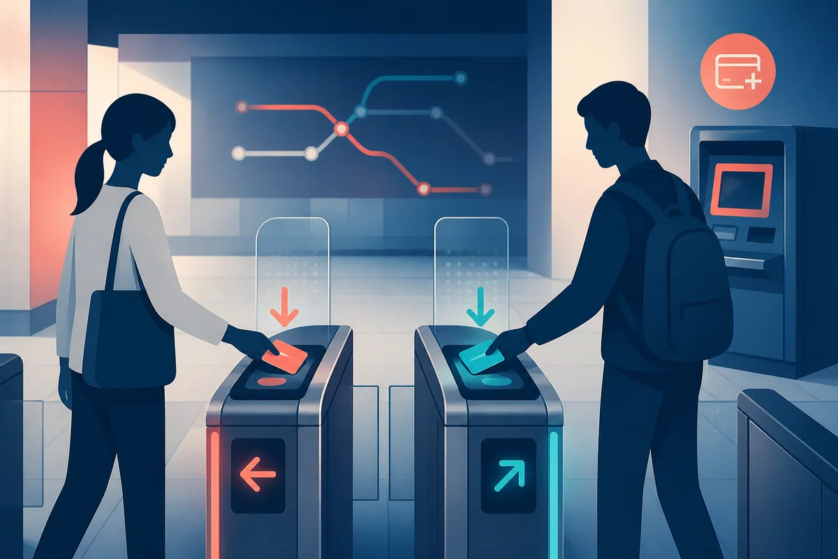 Illustration of two travelers using separate transit cards at adjacent subway gates